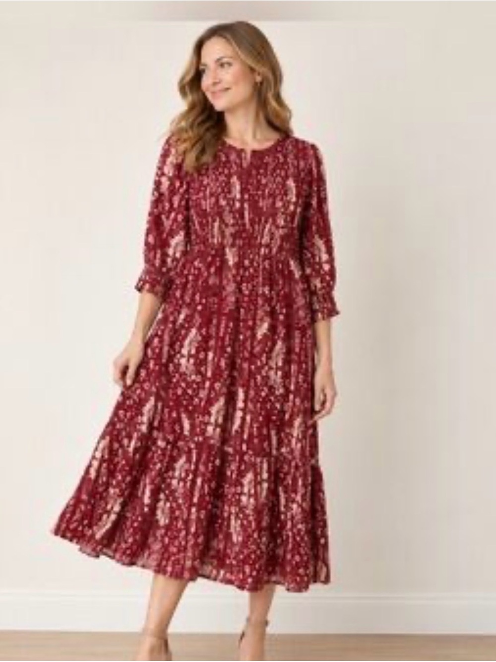 Soft Surroundings Smocked 3/4 Sleeve Long Floral Dress 6
